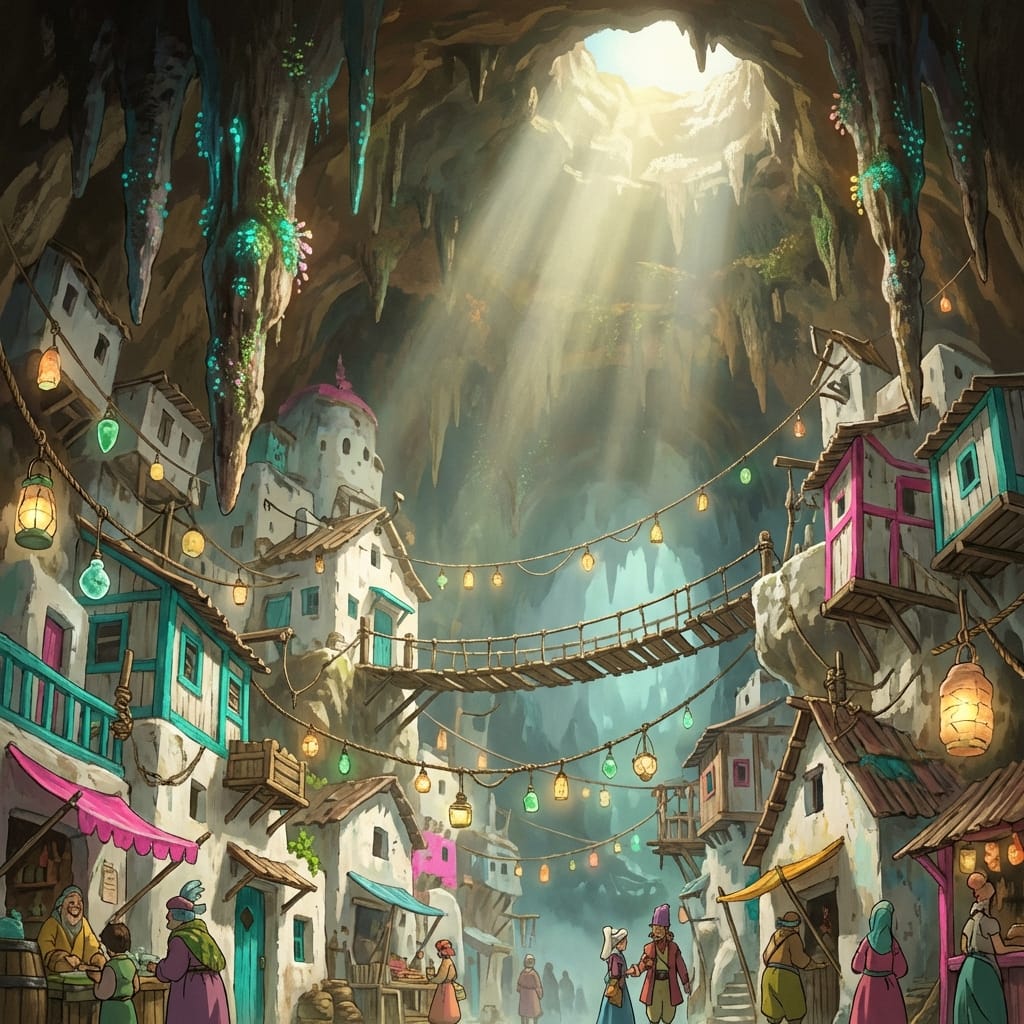 Lanterns hanging from stalactites in a cave