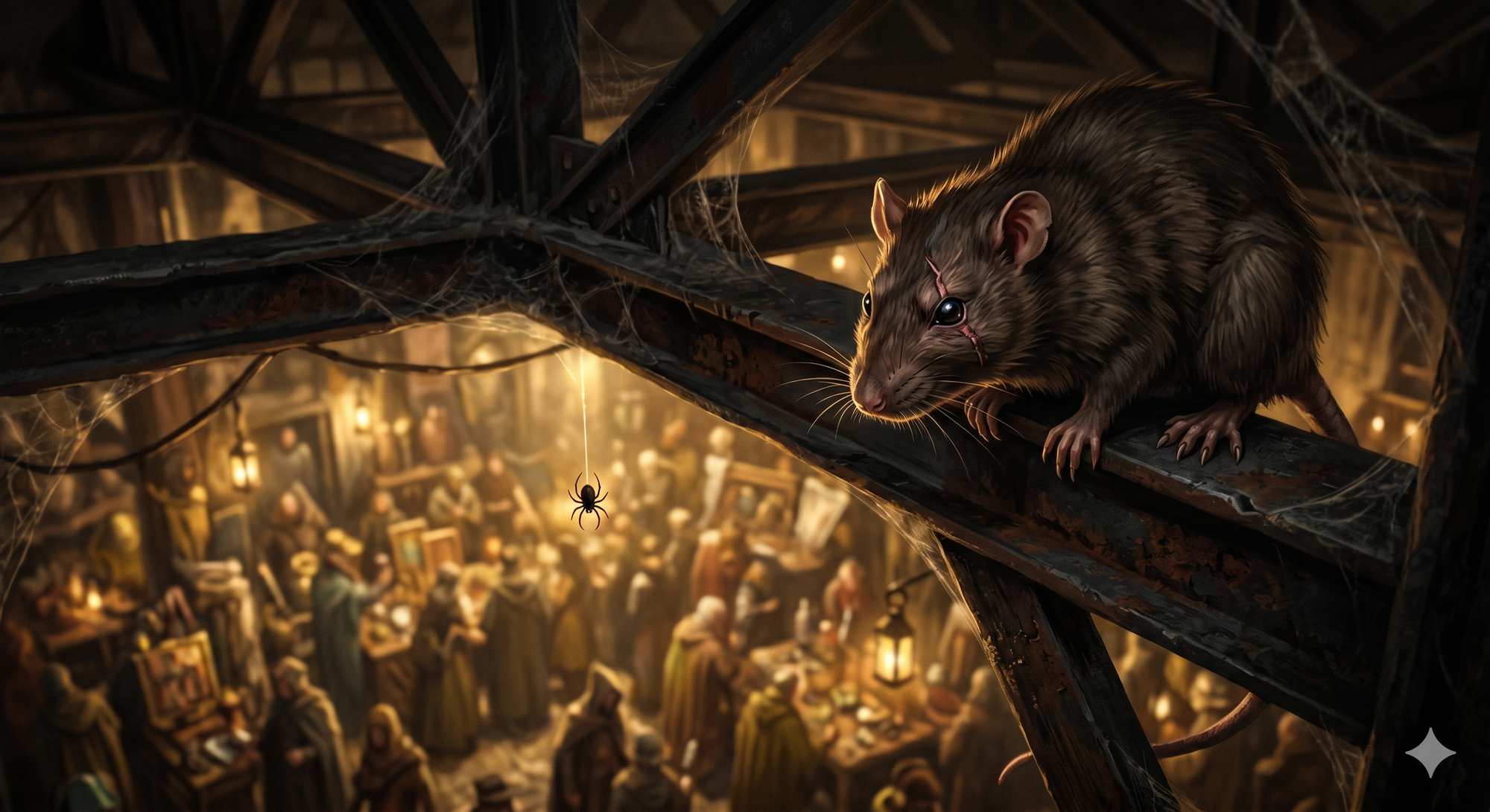 A large Rat with a scar on her face watched from above the auction. A spider dangles